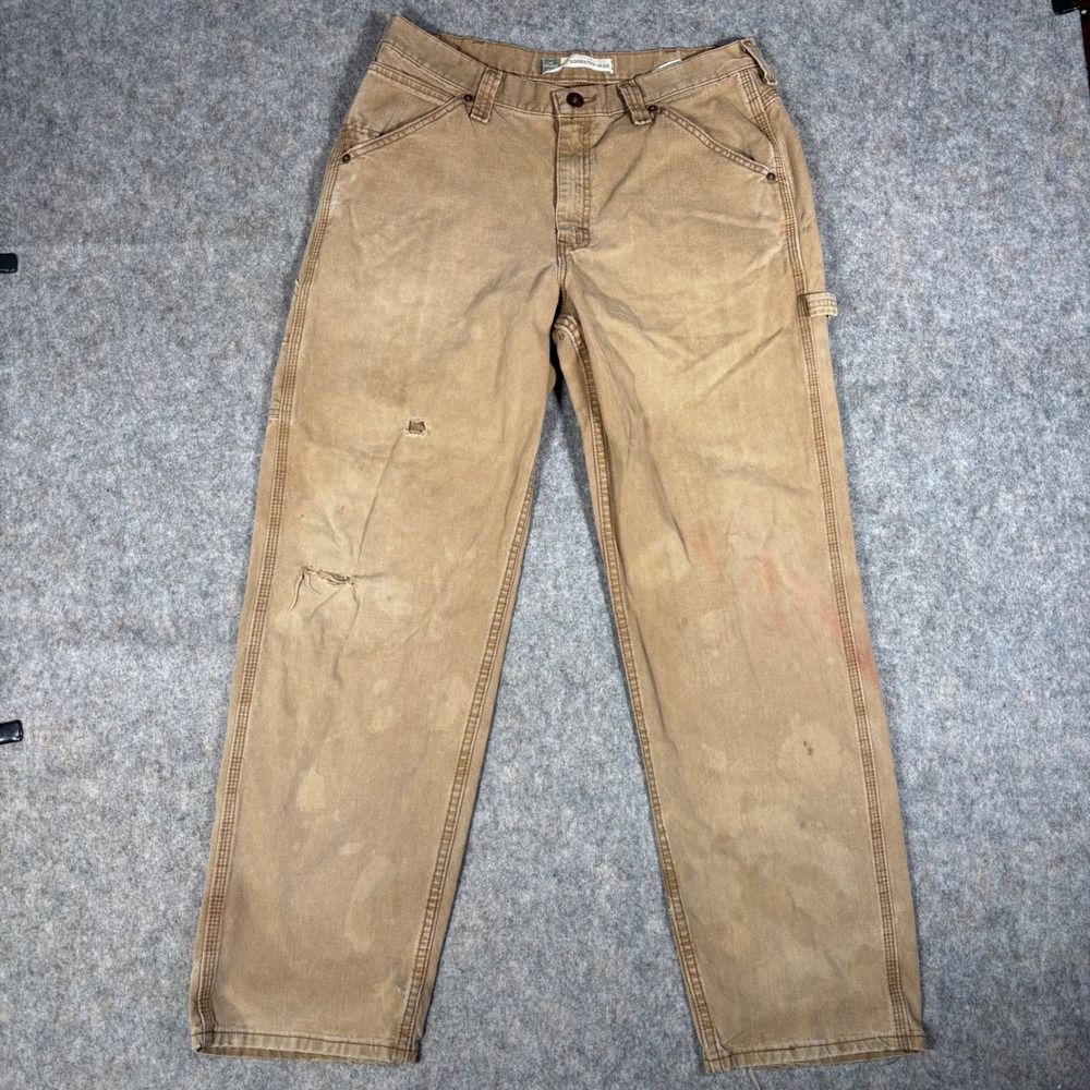 Lee Carpenter Jean Mens 34x32 Tan Distressed Workwear Dungarees Utility Pants